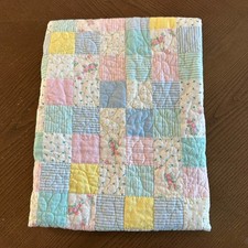 Vintage Patchwork Baby Quilt Pastel Floral Stripe Butterfly Stitch 40x33