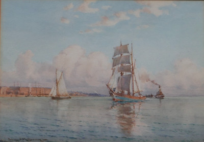 Samuel John Milton Brown (1873-1965) Aquarell. Schlepper Boot & Schifffahrt in Bay