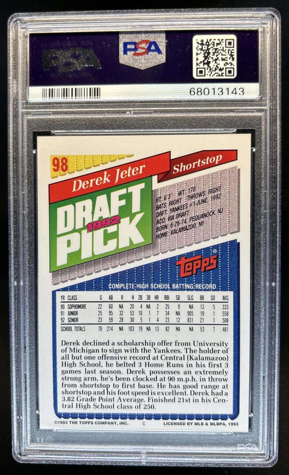 1993 Topps Derek Jeter Rookie RC #98 New York Yankees PSA 6 view 2