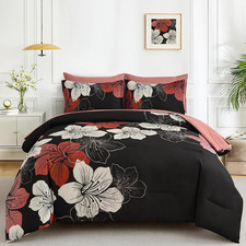 Comforter Set King Size 7 Pieces Bed in a Bag Red Floral Microfiber Complete