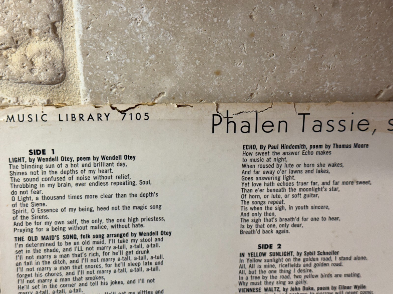 1965 PHALEN TASSIE Soprano Sings Music Library 7105 Lero Miller LP Vinyl Vintage
