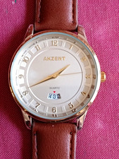 AKZENT Herren Armbanduhr Quarz Edelstahl Datum 🔋 neu braunes Lederband 