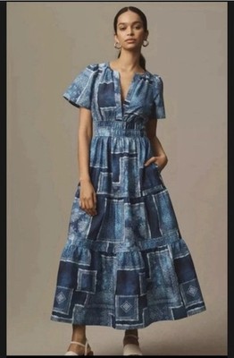 Anthropologie The Somerset Maxi Dress Bandana Patchwork Denim Print Blue XL NWT