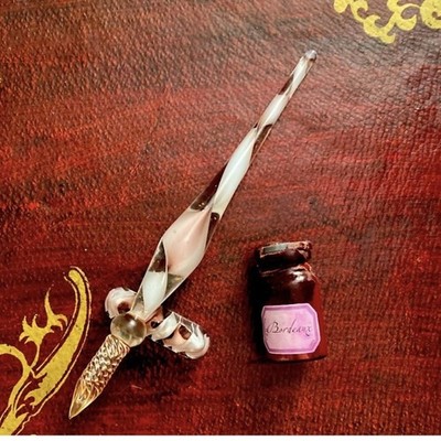 Glass Quill Calligraphy Dip Pen & Stand with Bordeaux Ink
