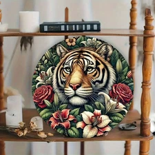 2D Flat, 8-Inch Vintage Tiger & Floral Aluminum Wall Art - Durable, Easy-to-Hang