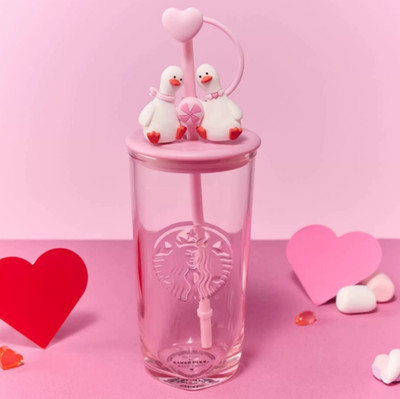 Starbucks 2026 Chinese Valentines Day Duck Glass Straw Cup w/Heart Base-HOT