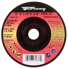 Forney 71876 Aluminum Oxide 13,700 rpm 4 Dia. in. Grinding Wheel 1/4 in. Thick