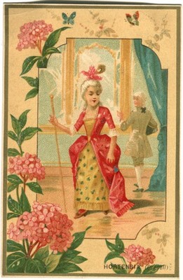 GlanzbilderOblaten scraps Litho Mädchen Scene Blumen Hortensien 10,4 cm