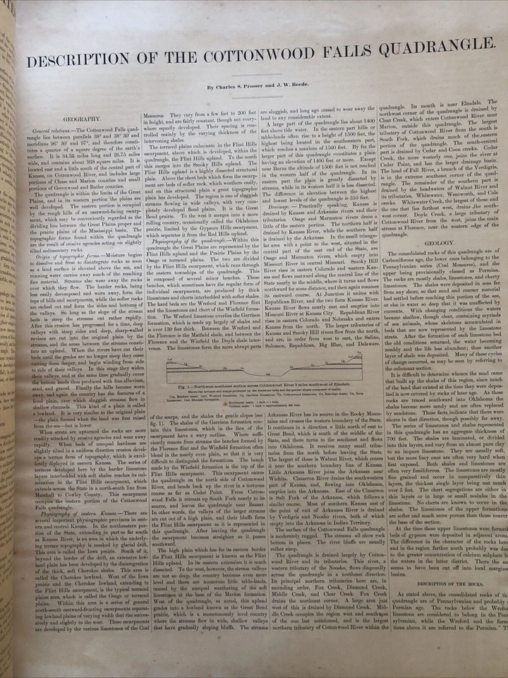 Mapas folio antiguos de 1904 del Atlas Geológico de Estados Unidos Cottonwood Falls Kansas Foto 2 de 4