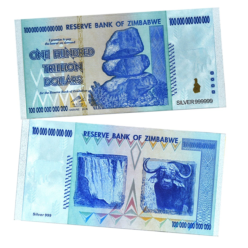 10pcs Zimbabwe One Hundred Trillion Dollars Silver Foil Banknotes in Envelope - Image 3 of 4