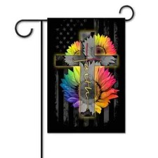  NEW FAITH  CROSS AMERICAN FLAG  SUNFLOWERS  GARDEN FLAG  12X18