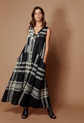 ALEMBIKA Black/Beige Plaid/Check V-Neck Button-Front Linen Maxi Dress OS