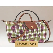 Le Pliage XS Shoulder Bag Flower Check Pattern Green Brown 17 x 11 x 6cm Outlet