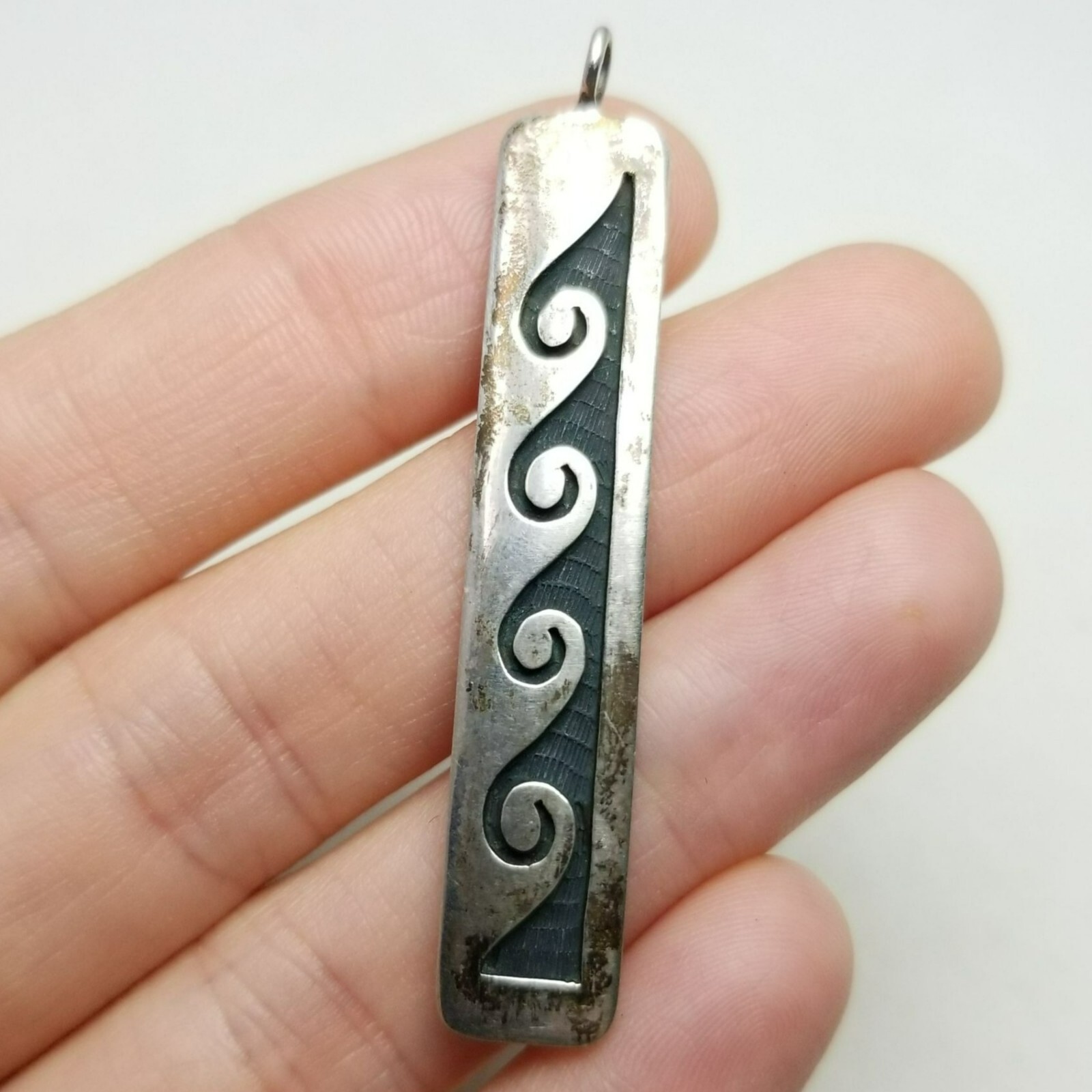 Vintage Wave Scroll Shape Rectangle Pendant, Silv… - image 1