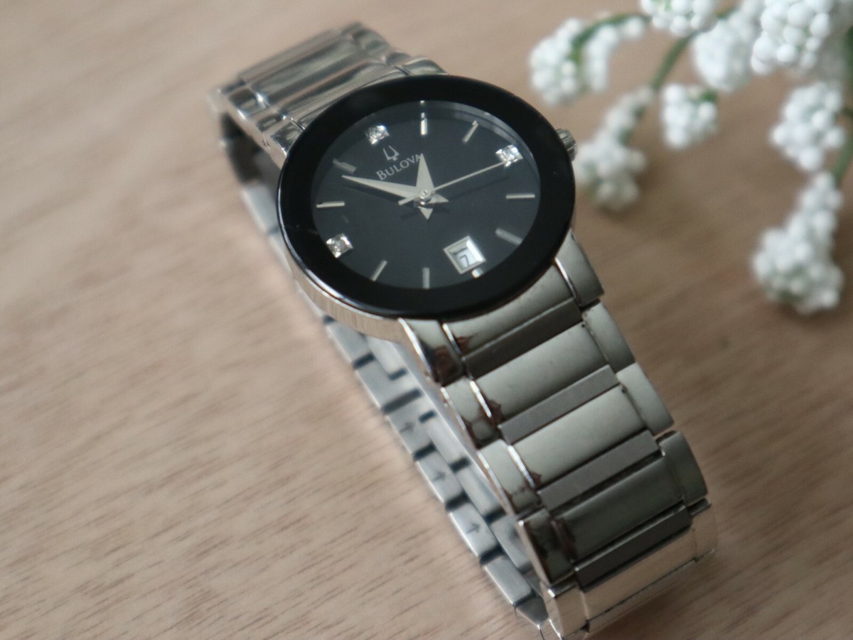 Bulova stain steel diamonds #96P24 Bulova Stainless Steel Date Black Diamond Dial Women main image 4