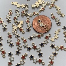 24 Vintage Enamel Star Dangle Bead Charm components red white blue Deadstock