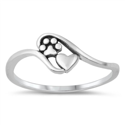 Dog Cat Heart Paw Print Ring .925 Solid Sterling Silver Band Sizes 4-12 NEW