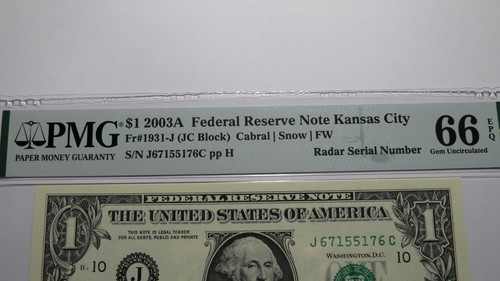 $1 2003 Radar Serial Number Federal Reserve Currency Bank Note Bill PMG UNC66EPQ - Picture 2 of 3