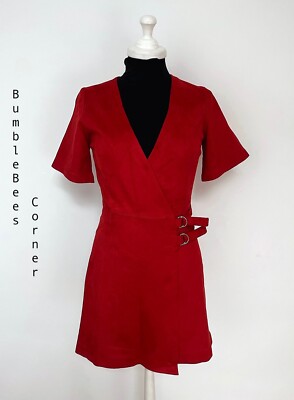 ZARA Short Dress FAUX SUEDE LEATHER Red CROSSOVER Double Belt XS