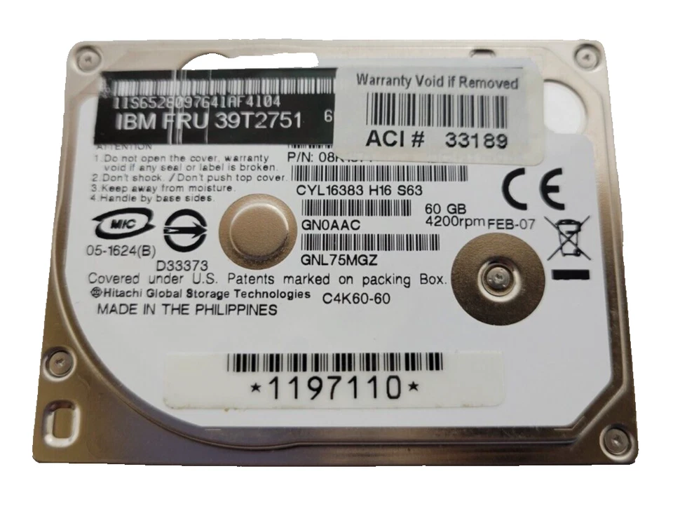 IBM 39T2751 08k1571 60GB 4200RPM HARD DRIVE SLIM 1.8" - USED - Image 3 of 4