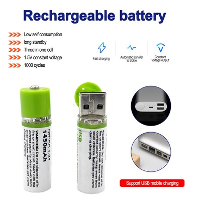 2pcs 1450mAh Batteries USB AA Ni-MH Rechargeable Battery 1.5V Fast Charge Type