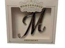 Boxed Metal Monogram Christmas Tree Ornament Silver Letter M with Red Ribbon