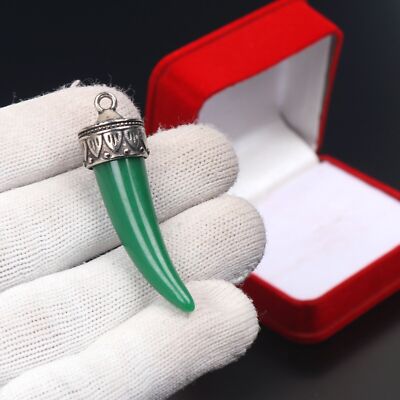 Tooth Pendant Green Jade Necklace 31.35Ct Oxidized Silver with Free Chain