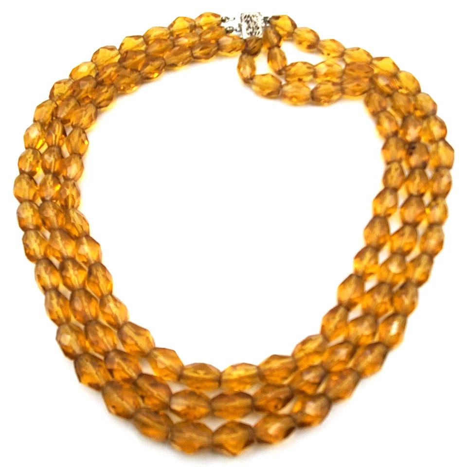 Golden Topaz Faceted Glass Choker Sterling Clasp Necklace Crystal Beads 3 Strand
