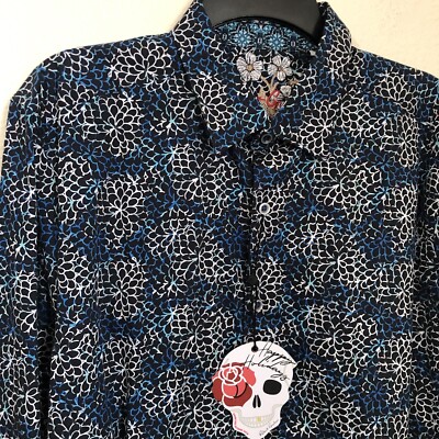 ROBERT GRAHAM Large Baltic Long Sleeve Shirt Flip Cuff Navy Floral Geometric NWT