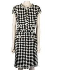 OSCAR DE LA RENTA BROWN CREAM BLACK WOOL SILK TWEED CHECK DRESS FRINGE BELT SZ 6