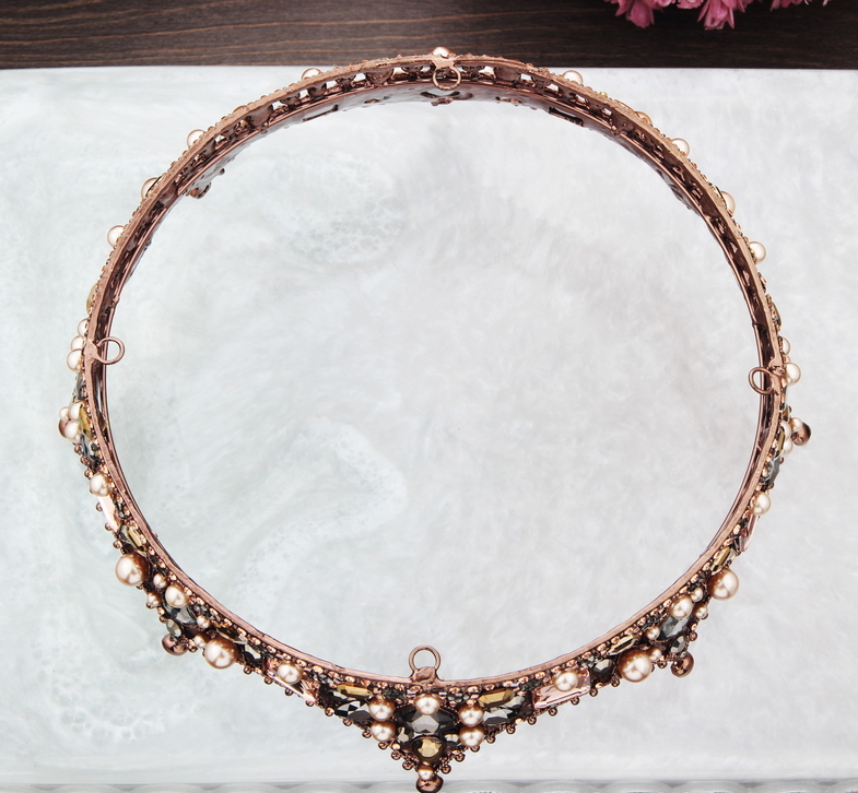 Antqued Copper Crystal & Pearl Weddng Brdal Queen Prncess Prom