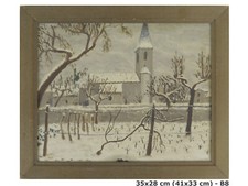 QUADRO NAIF ANTICO DIPINTO OLIO SU TELA PAESAGGIO DI FRANCIA CON NEVE B8