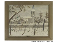 ANTIQUE NAIVE PAINTING OIL ON CANVAS LANDSCAPE OF FRANCE WITH SNOW B8