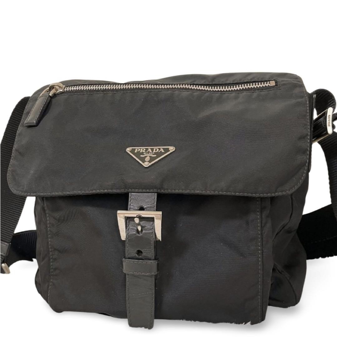 Prada Pocono Triangle Logo Black Shoulder Bag Made in Japan
