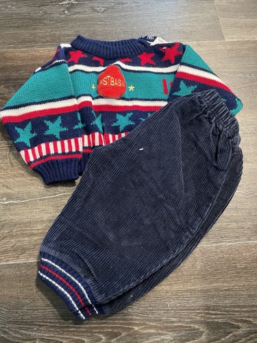 Vintage 80s 90s Kids Knit Sweater Corduroy Pants Set, Star Colorblock Retro