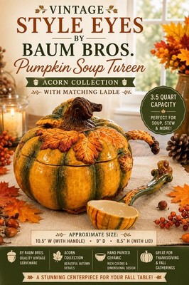 VTG Style Eyes Baum Bros Pumpkin Soup Tureen with Ladle Acorn Collection-3.5 qt