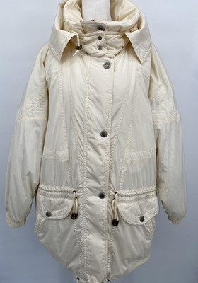VTG LL Bean Coat Womens Petite XL White Hooded Paisley Lined Warm