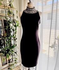 NWT Rhinestone High Neck Midi Dress Black Sleeveless Statement Lined Zip Size M