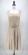 Teri Jon Rickie Freeman Ivory Metallic Jacquard Pleated Cocktail Dress Sz 12