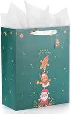 10x5x13" Large Christmas Bag for Gifts w/ Tissue Paper Kids Adults Coworkers