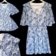 Blue White Floral Chinoiserie Toile Fit Flare Smocked Mini Dress Size Medium