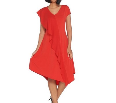 H by Halston XLP Red Jet Set Jersey Mixed Media Midi Dress Asymmetric Hem Ruffle
