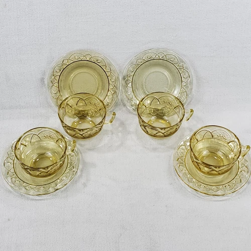8 pc. Vintage Federal Depression Glass Amber Rosemary Dutch Rose Cups & Saucers
