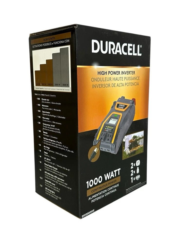 Duracell Portable 1000 Watt Continuous Power Inverter DC1000INVC USB Ports New - Image 4 of 4