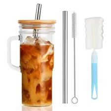 24oz Glass Cups with Lids and Straws,Glass Tumbler with Handle