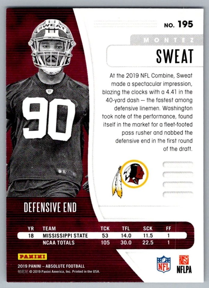 2019 Panini Absolute Montez Sweat Rookie Washington Redskins #195 - Image 2 of 2