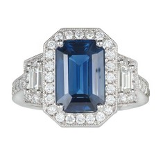Art Deco Emerald Cut Sapphire 3.88ct Platinum Diamond Halo Ring PSD