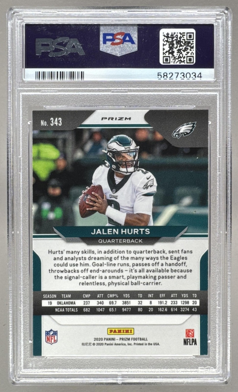 58273034 Jalen Hurts 2020 Panini Prizm #343 Lazer Rookie RC PSA 10 view 2