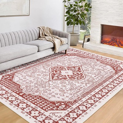 Red Geometric Area rugs 9x12 Washable For Bedroom Dining Living Room Clearance