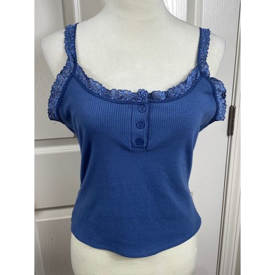 Vibe Sportswear Women's XL Tank Top Blue Lace Trim Ribbed Y2K
